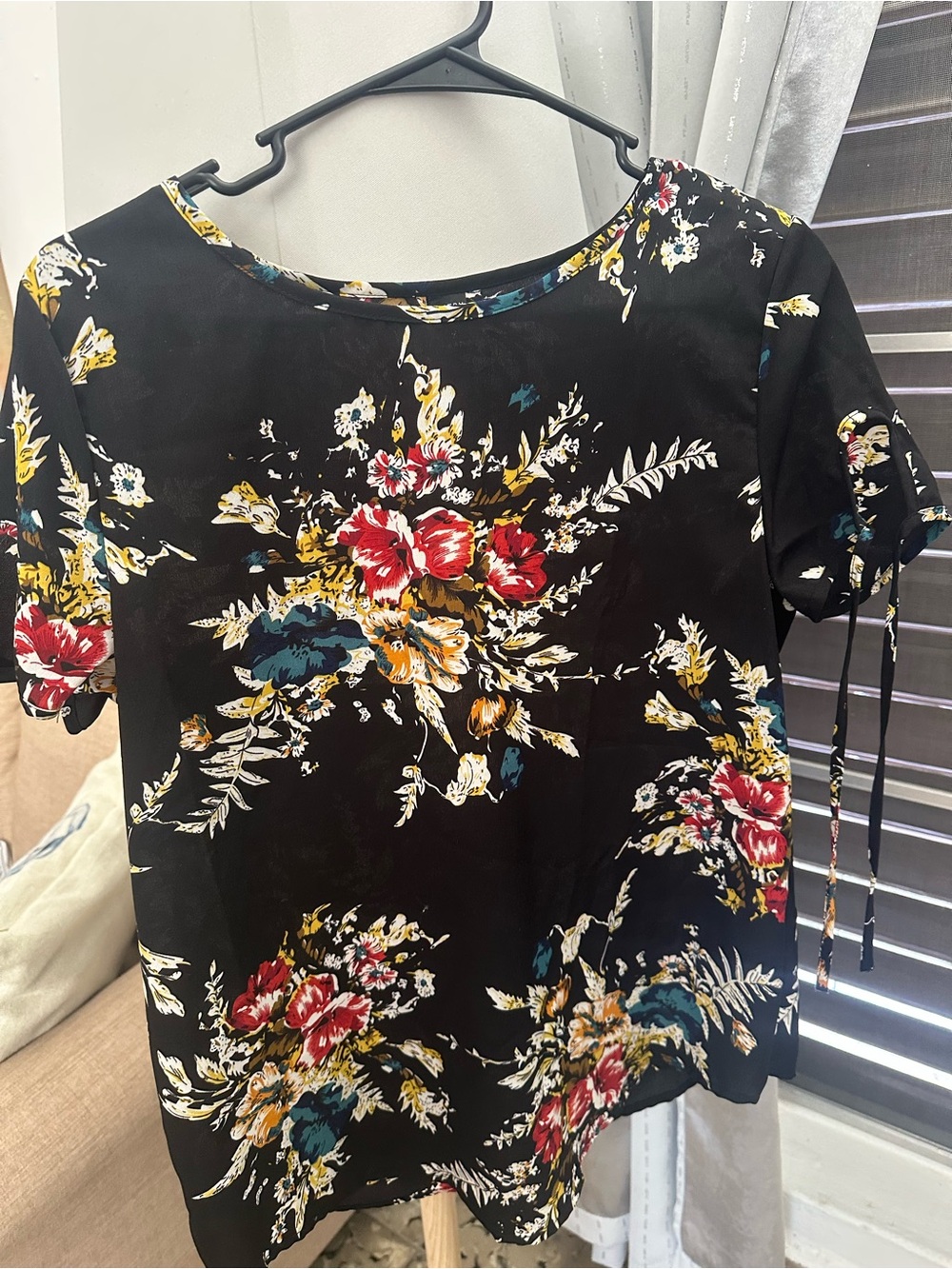 Women’s Floral Short-Sleeve Top - Black with Red & Yellow Blooms
